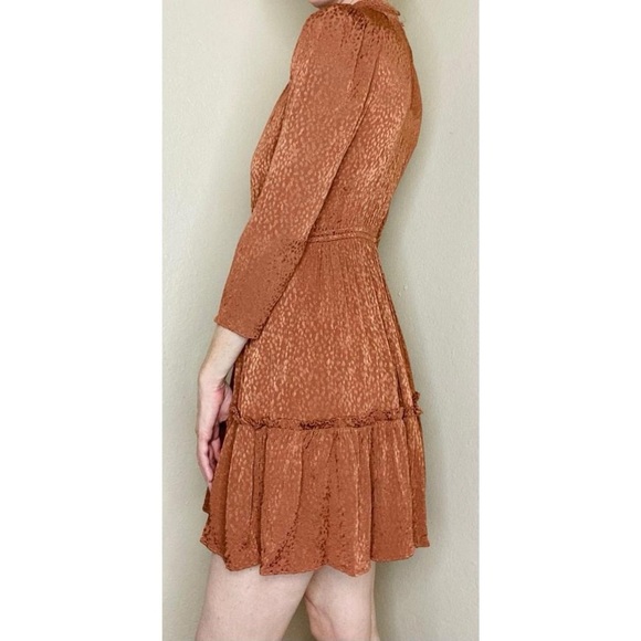 Madewell Brown Tan Animal Printed Mock Neck Ruffle Hem Mini Dress - Picture 3 of 8